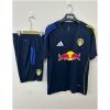 Mens Leeds United royal blue Training Kit Kit 2025/26 flat display showing navy top and shorts with asymmetrical stripes