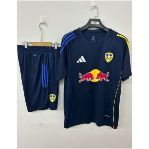 Mens Leeds United royal blue Training Kit Kit 2025/26 flat display showing navy top and shorts with asymmetrical stripes