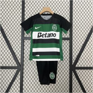 Kids Sporting Lisbon Home Kit 2024/25 Kids Sporting Lisbon Home Kit 2024/25 showing jersey and matching black shorts