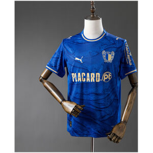 Mens Famalicao Away Jersey 2025/26 on mannequin showing royal blue topographic body with gold trims and PLACARD.pt logo