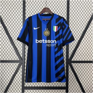 Mens Inter Milan Home Jersey 2024/25 on hanger showing blue-black stripes with two gold stars and Scudetto