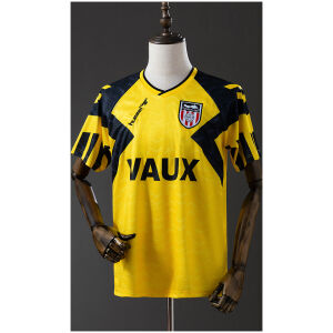 Mens Sunderland Second Retro Away Jersey 1992/93 Mens Sunderland Second Retro Away Jersey 1992/93 on mannequin showing yellow body with navy chevrons and VAUX