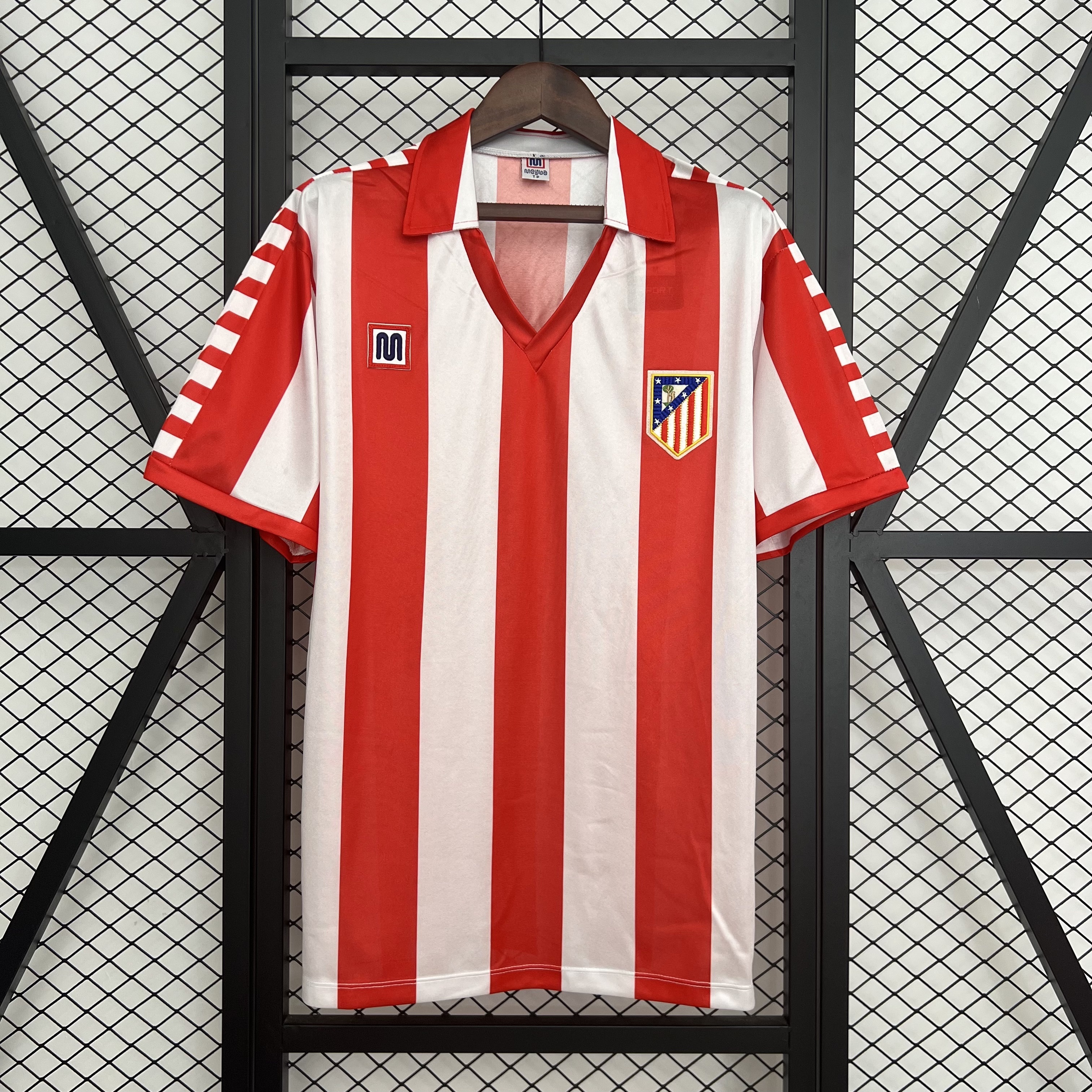 Mens Atletico Madrid Retro Home Jersey 1982/83 Mens Atletico Madrid Retro Home Jersey 1982/83 front view on display