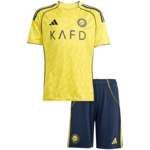 Kids Al Nassr Home Kit 2025/26 Kids Al Nassr Home Kit 2025/26 front view showing yellow jersey and navy shorts