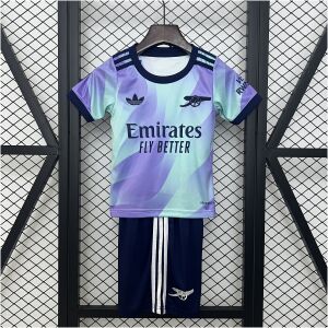 Kids Arsenal Third Kit 2024/25 on display showing lilac and mint gradient jersey with matching dark navy shorts