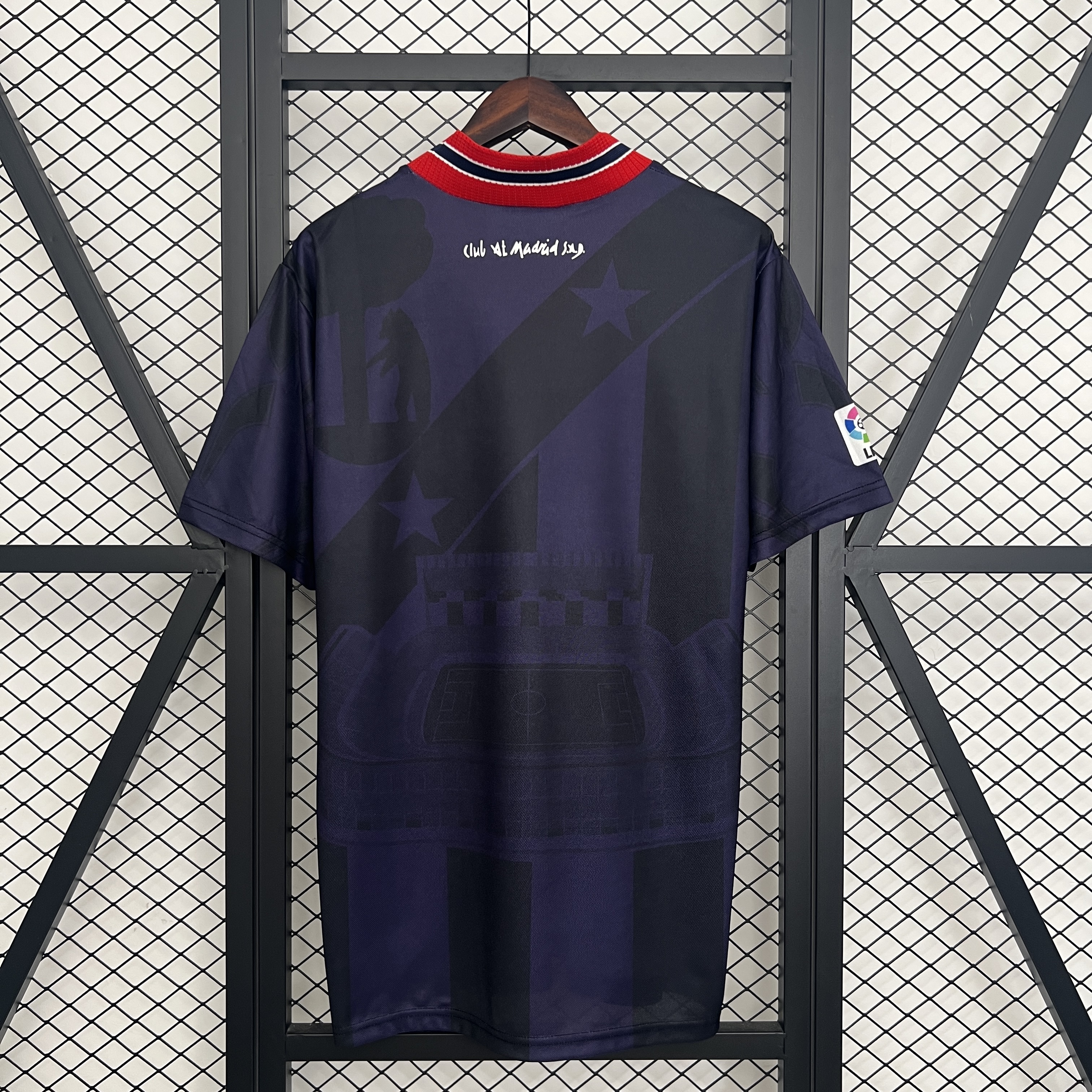 Mens Atletico Madrid Retro Third Jersey 1995/96 Mens Atletico Madrid Retro Third Jersey 1995/96 front view on display