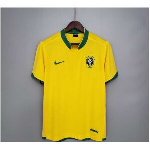 Mens World Cup Brazil Retro Home Jersey 2006 on hanger showing yellow body with green stand collar