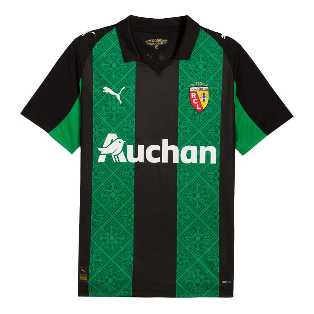 Mens RC Lens Away Jersey 2025/26 RC Lens away jersey black and green patterned panels front view
