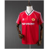 Mens Manchester United Retro Home Jersey 1984/85 on mannequin showing red pinstripe body with white piping