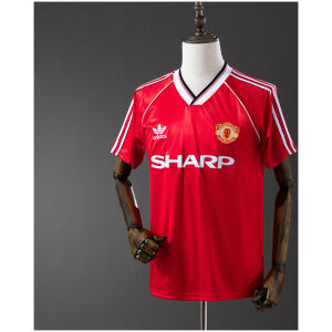 Mens Manchester United Retro Home Jersey 1984/85 on mannequin showing red pinstripe body with white piping