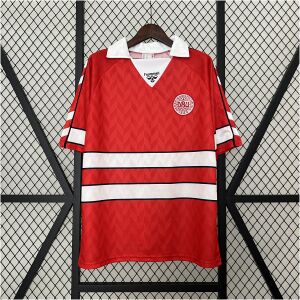 Mens Denmark Retro Home Jersey 1988 front view on hanger showing horizontal chest bars and white spread collar