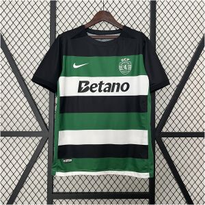 Mens Sporting Lisbon Home Jersey 2024/25 Mens Sporting Lisbon Home Jersey 2024/25 featuring green, white, and black hoops