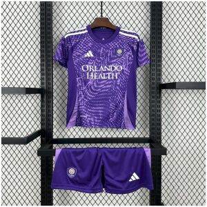 Kids Orlando City Home Kit 2025/26 front view of purple shirt and shorts