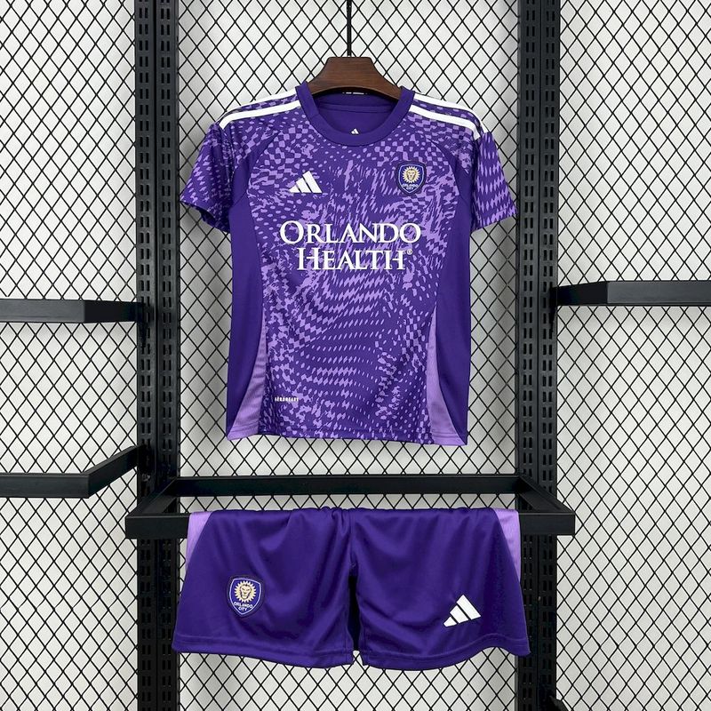 Kids Orlando City Home Kit 2025/26 Kids Orlando City Home Kit 2025/26 front view of purple shirt and shorts
