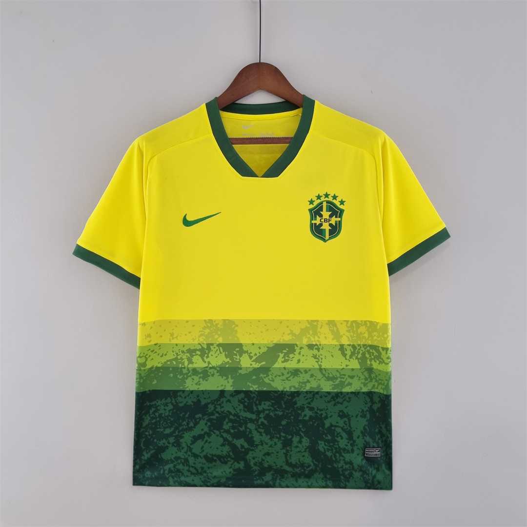 Mens World Cup Brazil yellow and green Special Edition Jersey 2022 Mens World Cup Brazil yellow and green Special Edition Jersey 2022 on hanger showing yellow-to-green gradient body