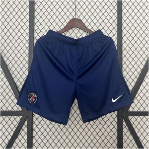 Mens PSG Home Shorts 2024/25 hanging display showing midnight navy knit with embroidered crest and swoosh