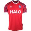 Ipswich Town away jersey with red body and blue sleeve print front view