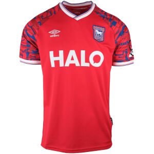 Ipswich Town away jersey with red body and blue sleeve print front view