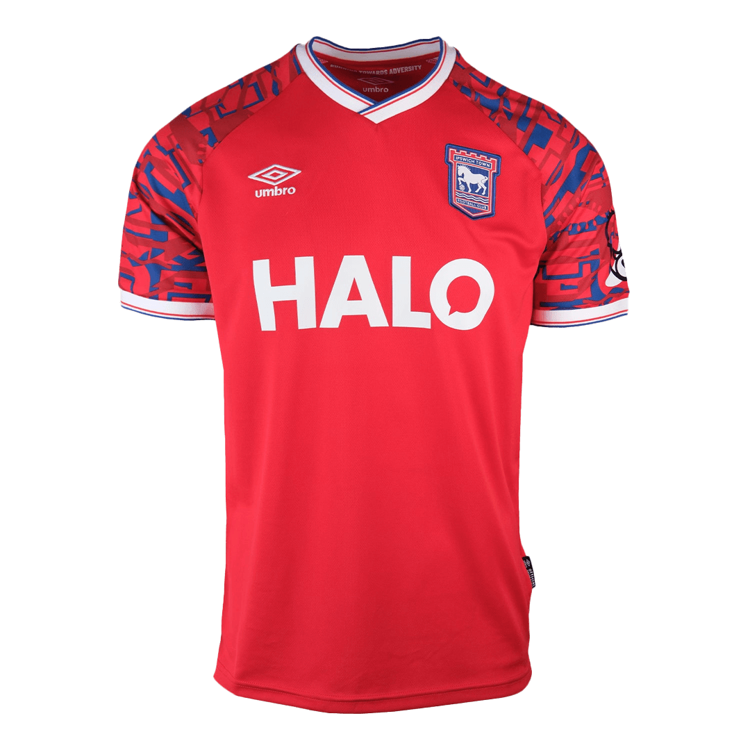 Mens Ipswich Town Away Jersey 2025/26 Ipswich Town away jersey with red body and blue sleeve print front view