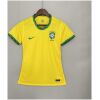 Womens Brazil Retro Home Jersey 2021 on hanger showing yellow body with patterned green collar