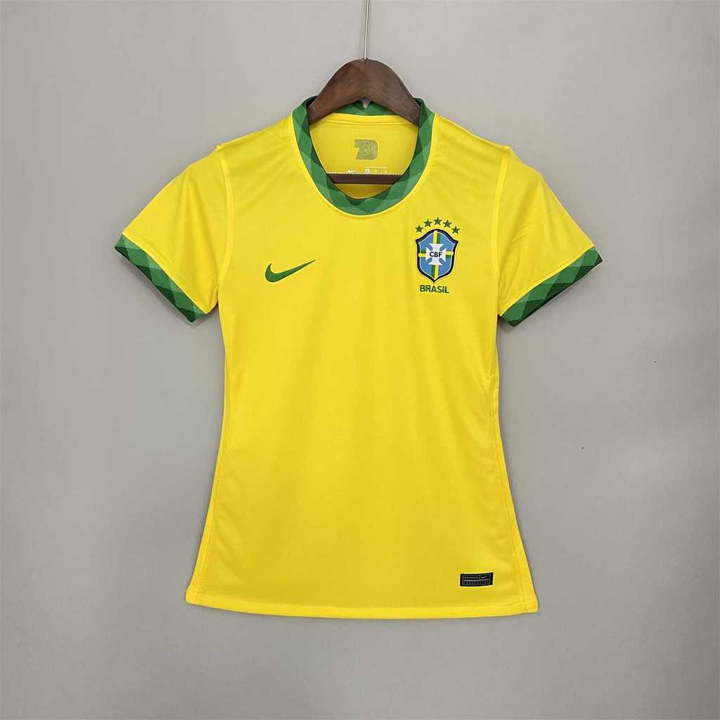 Womens Brazil Retro Home Jersey 2021 Womens Brazil Retro Home Jersey 2021 on hanger showing yellow body with patterned green collar