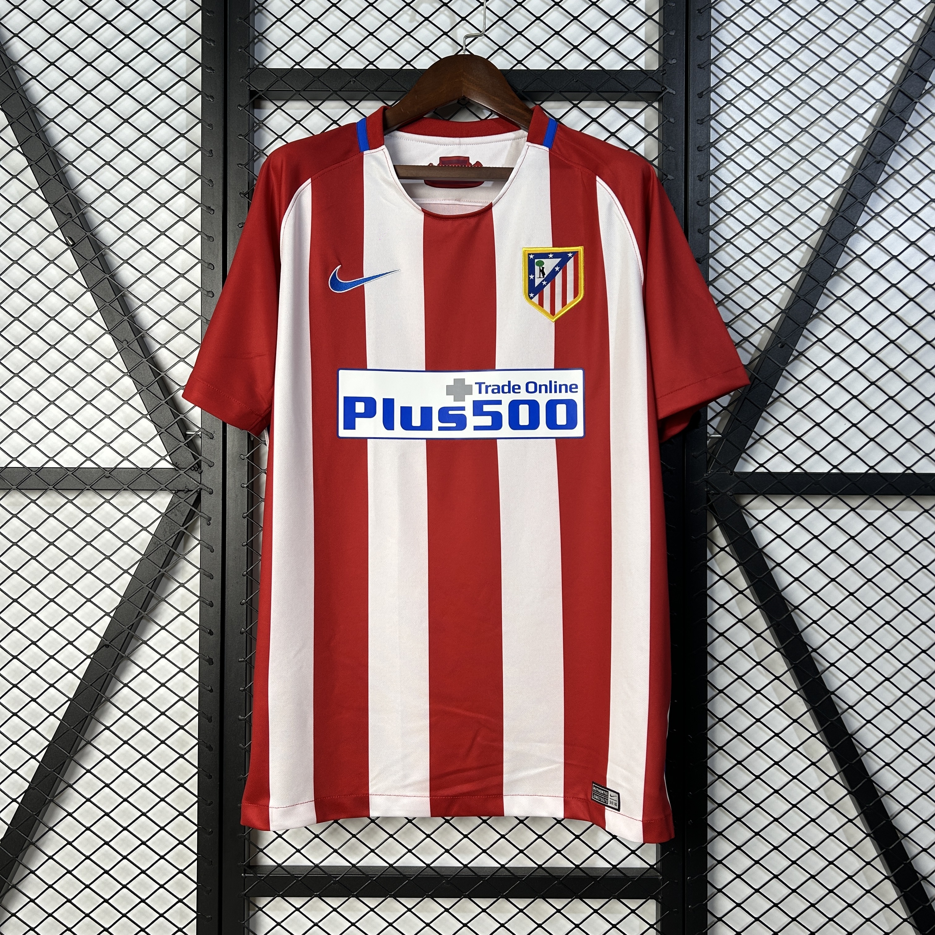 Mens Atletico Madrid Retro Home Jersey 2016/17 Mens Atletico Madrid Retro Home Jersey 2016/17 front view on display
