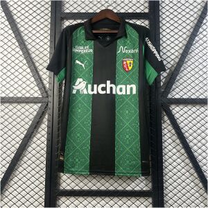 Mens Lens Away Jersey 2025/26 Mens Lens Away Jersey 2025/26 on hanger displaying green and black vertical stripes with damask lace texture