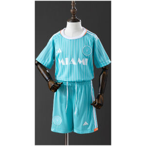Kids Inter Miami Third Kit 2024/25 turquoise jersey and shorts set showing retro graphics