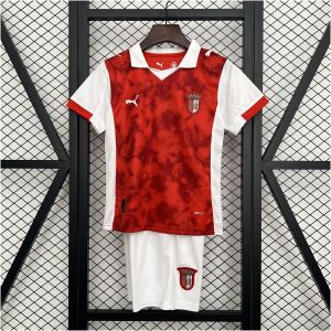 Kids Braga Home Kit 2025/26 front view with red shirt and white shorts