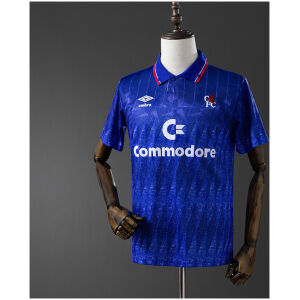 Mens Chelsea Retro Home Jersey 1989/91 on mannequin showing royal blue jacquard body with Commodore sponsor and retro lion crest
