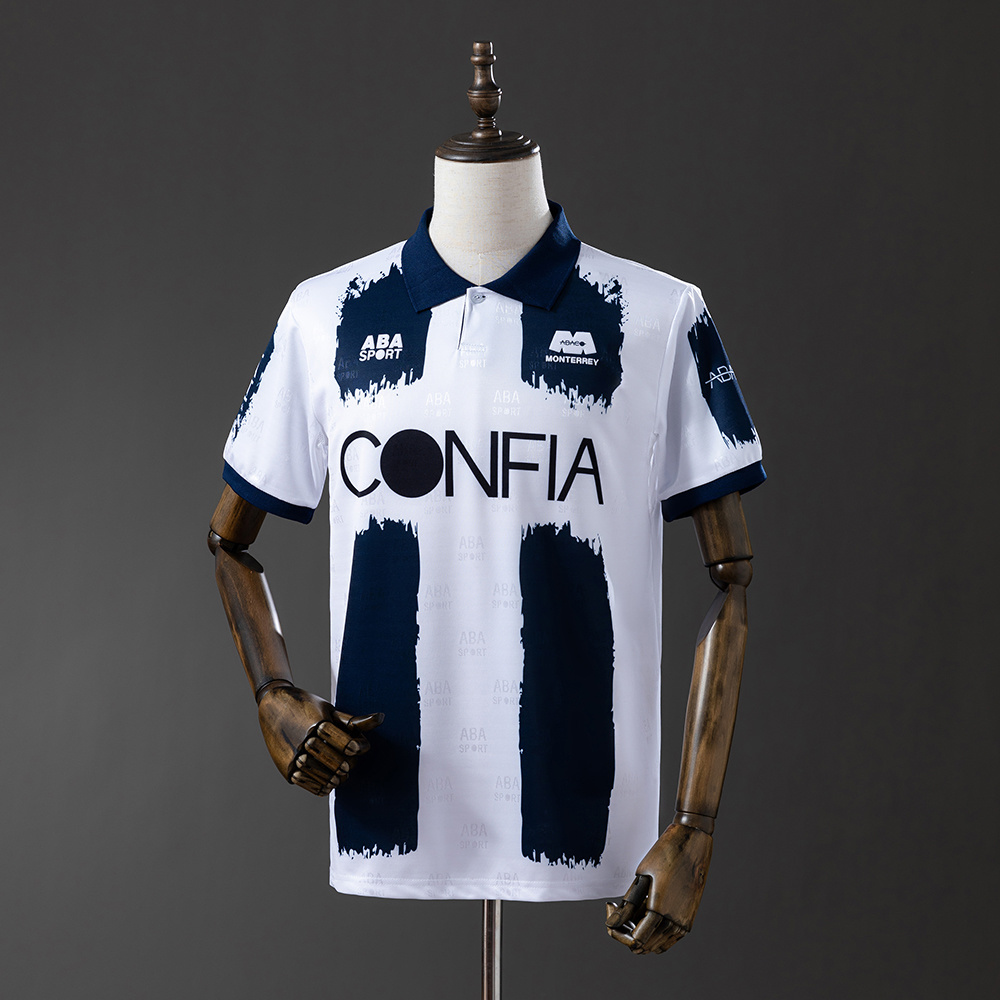 Mens Monterrey Retro Home Jersey 1995/96 Mens Monterrey Retro Home Jersey 1995/96 front view showing navy brushstroke stripes