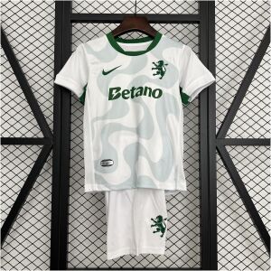 Kids Sporting Lisbon Third Kit 2025/26 Kids Sporting Lisbon Third Kit 2025/26 front view showing white jersey and shorts