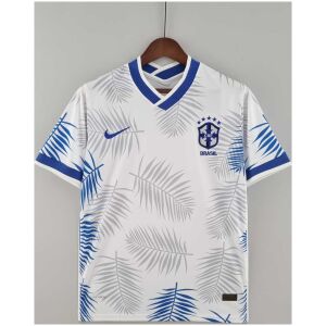 Mens World Cup Brazil classic white Jersey 2022 on hanger showing white body with blue palm frond prints