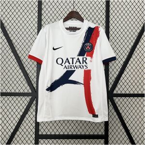 Mens PSG Away Jersey 2024/25 on hanger displaying white body and red-blue brushstroke Eiffel Tower motif