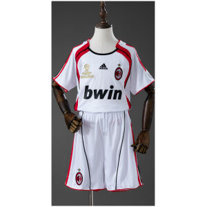 Kids AC Milan Retro Away Kit 2006/07 front view in white with Athens 2007 embroidery and shorts
