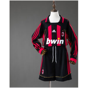 Kids AC Milan Retro Long Sleeve Home Kit 2006/07 front view with red and black striped jersey, bwin sponsor, and shorts