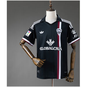 Mens Albacete BP Style Sizes Retro Jersey 2025/26 Mens Albacete BP Retro Jersey 2025/26 front view in black with maroon stripe, polo collar, and club crest
