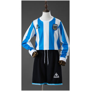Kids Argentina d Retro Long Sleeve Home Kit 1998 Kids Argentina d Retro Long Sleeve Home Kit 1998 front view with sky blue and white stripes and black shorts