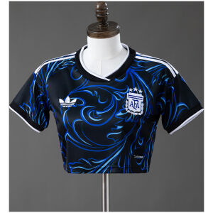 Womens Argentina Style Away Crop Top 2026 Womens Argentina Style Away Crop Top 2026 front view in black with blue marble swirls and three-star AFA crest