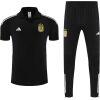Front view of the Mens Argentina Gray Training Kit Polo 2025 in black with gold AFA crest and track pants