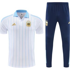Front view of the Mens Argentina Blue Training Kit Polo 2025 with pinstriped polo and navy pants