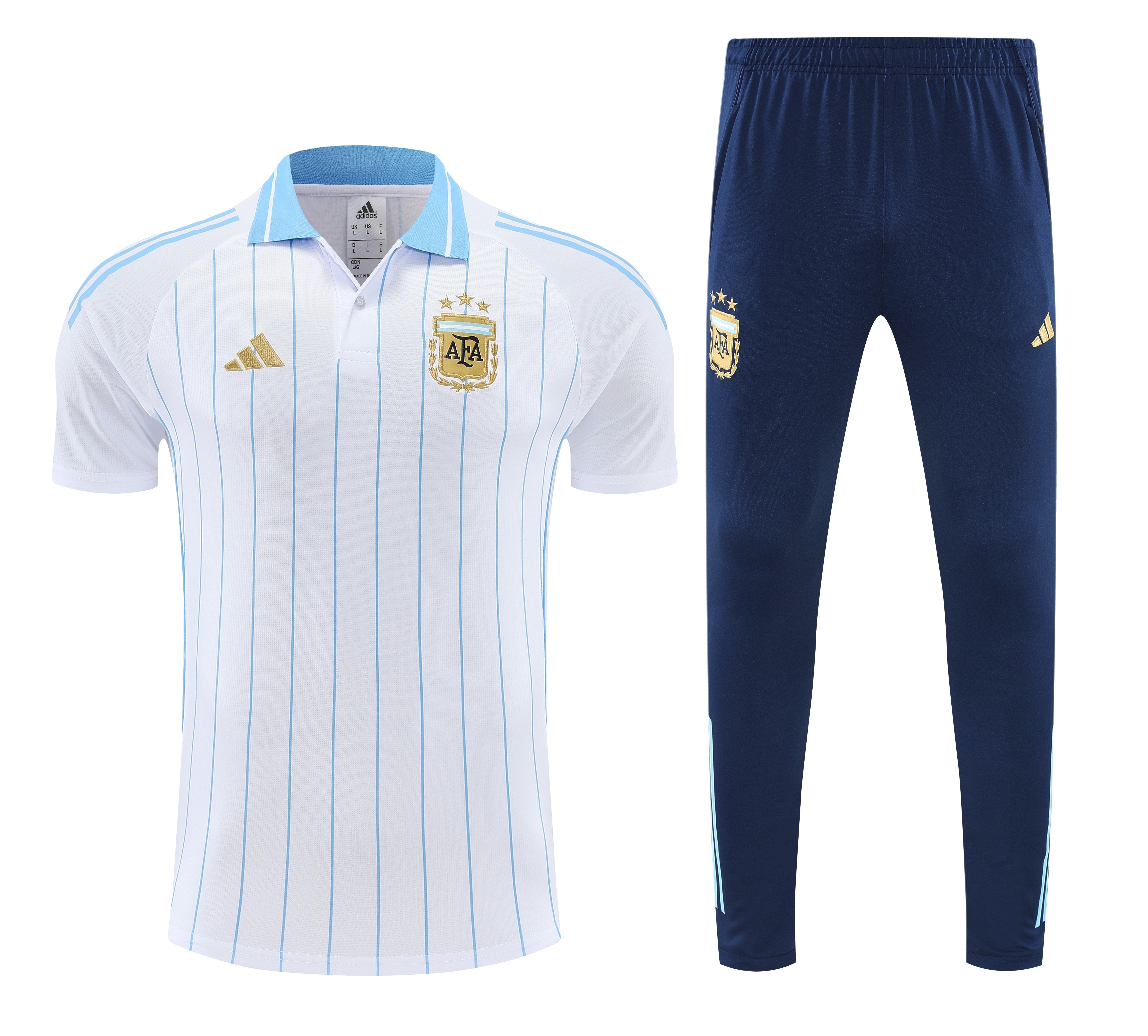 Mens Argentina Blue Training Kit Polo 2025 Front view of the Mens Argentina Blue Training Kit Polo 2025 with pinstriped polo and navy pants