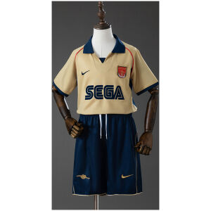 Kids Arsenal Retro Away Kit 2001/02 front view showing gold jersey with navy collar and matching shorts