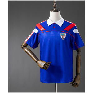Front view of the Mens Athletic Bilbao Retro Away Jersey 1994/95 in royal blue with red chevrons and polo collar