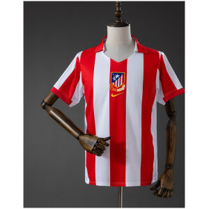 Mens Atletico Madrid Centenary Home Jersey 2003/04 front view with red and white stripes and centenary crest