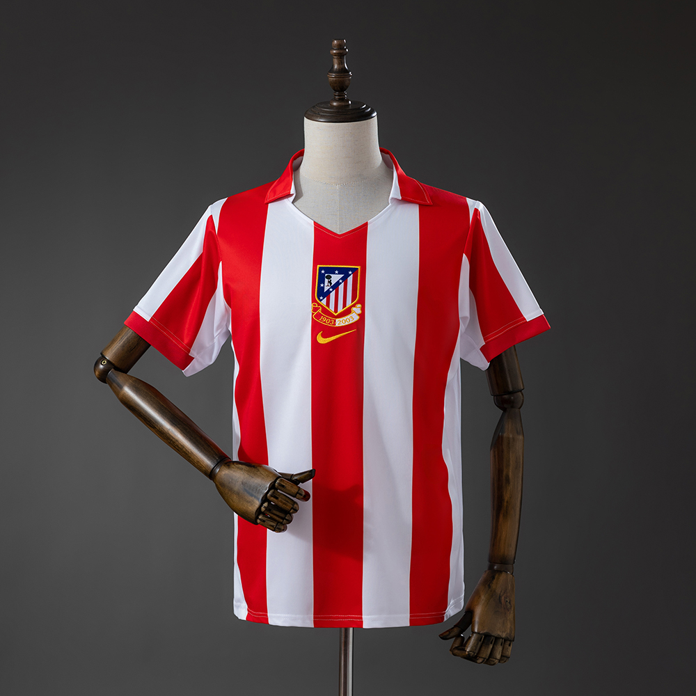 Mens Atletico Madrid Centenary Home Jersey 2003/04 Mens Atletico Madrid Centenary Home Jersey 2003/04 front view with red and white stripes and centenary crest