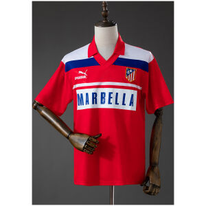 Mens Atletico Madrid Retro Away Jersey 1990/93 front view in red with blue chest stripe and Marbella sponsor