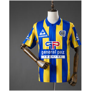 Front view of the Mens Atletico Rosario Central Retro Home Jersey 1995/97 in blue and yellow vertical stripes with polo collar