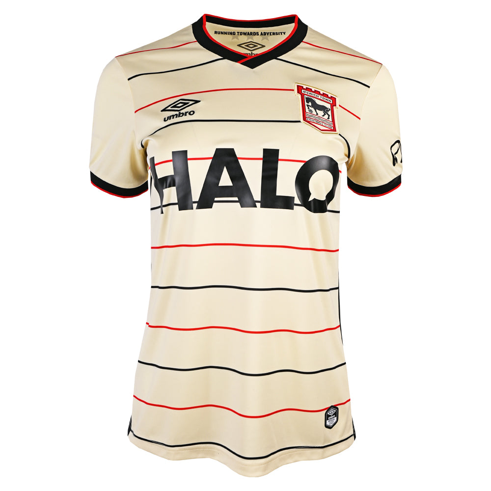 AwayShirt c4ca9516 0ce9 44ca 911b b267e281e9dc.jpg Womens Ipswich Town cream away jersey front view with black and red wavy stripes
