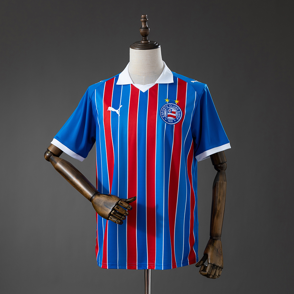 Mens Bahia Away Jersey 2026/27 Mens Bahia Away Jersey 2026/27 front view with red and blue vertical stripes and white polo collar
